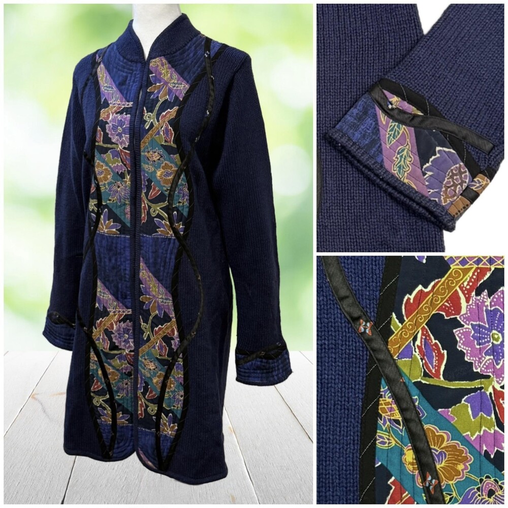 Vintage Art to Wear Cardigan Sweater Silk Wool Quilted Applique Duster Womens M